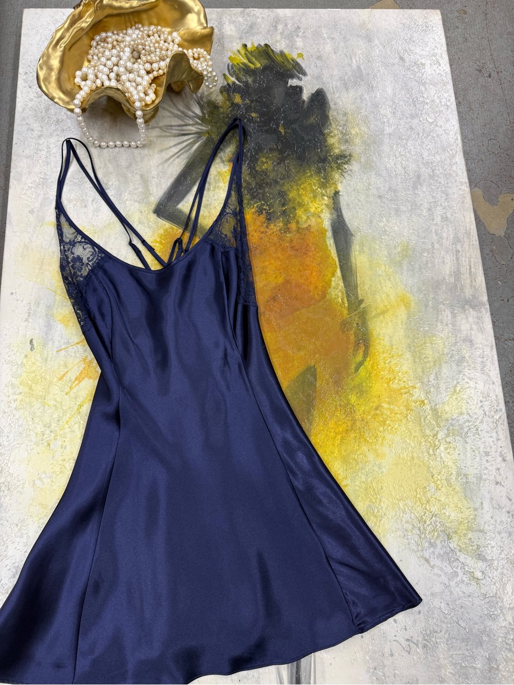 Victoria's Secret Navy Satin Lace-Trim Slip Chemise